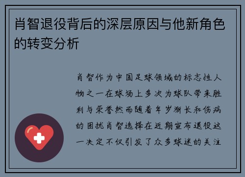 肖智退役背后的深层原因与他新角色的转变分析