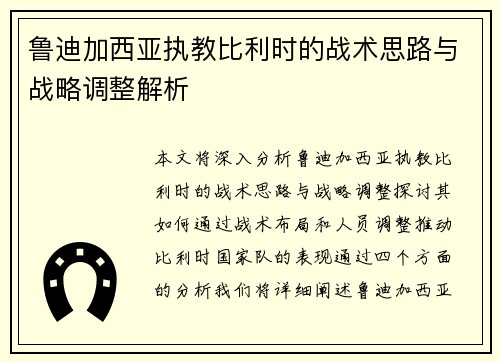 鲁迪加西亚执教比利时的战术思路与战略调整解析 鲁迪加西亚执教比利时的战术思路与战略调整解析