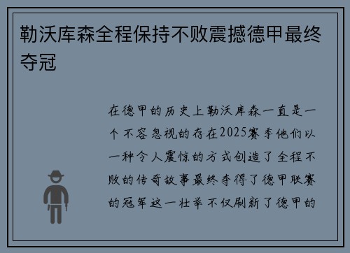 勒沃库森全程保持不败震撼德甲最终夺冠 勒沃库森全程保持不败震撼德甲最终夺冠