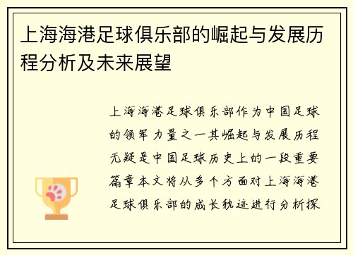 上海海港足球俱乐部的崛起与发展历程分析及未来展望