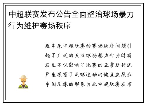 中超联赛发布公告全面整治球场暴力行为维护赛场秩序